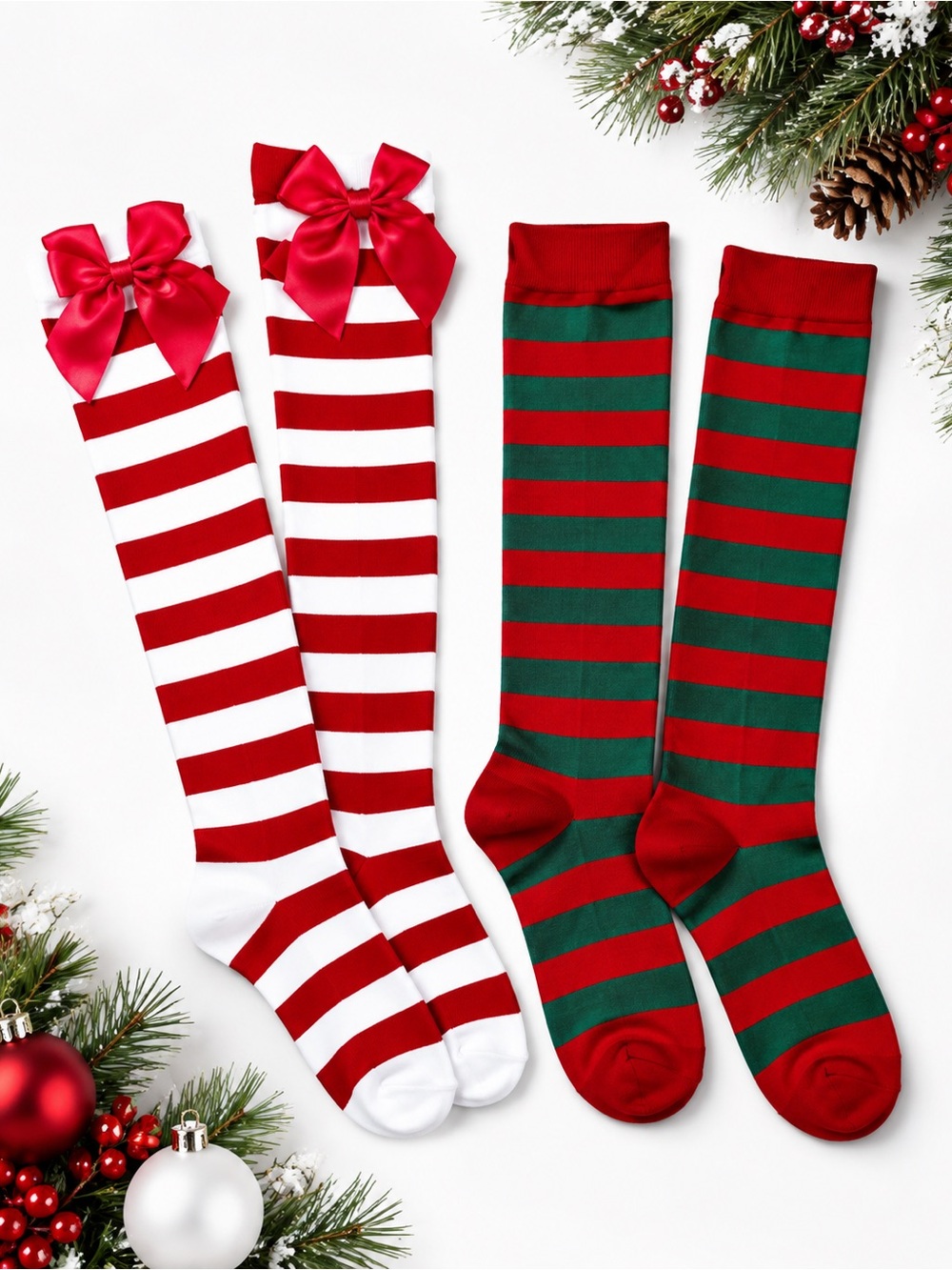 2 Pairs Christmas Knee High Socks Red White Bow & Green Red Striped